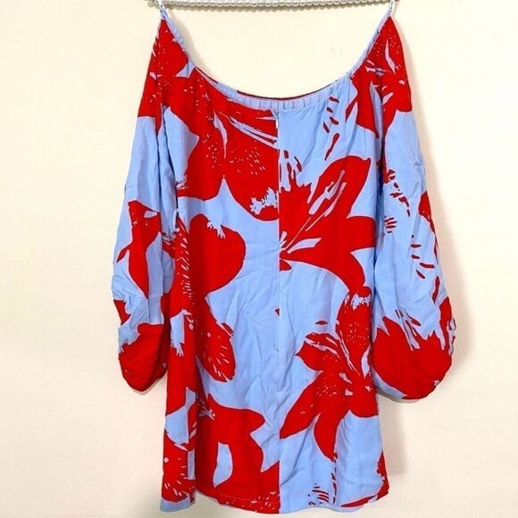 Bardot Camilla Hawaiian Floral Off The Shoulder Long Sleeve Blouson Dress - Picture 7 of 7